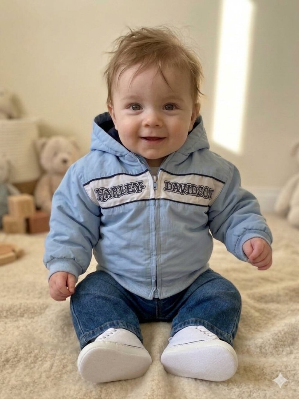 Vintage Harley-Davidson Baby Boy Light Blue Hooded Lightweight Jacket 6/9M
